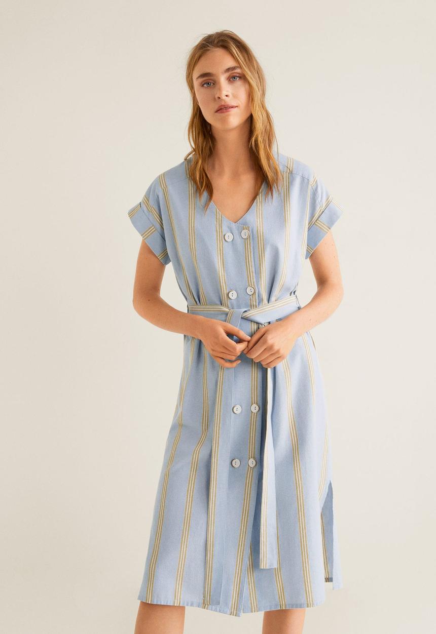 MANGO - Cap sleeve shirt dress - blue & beige 