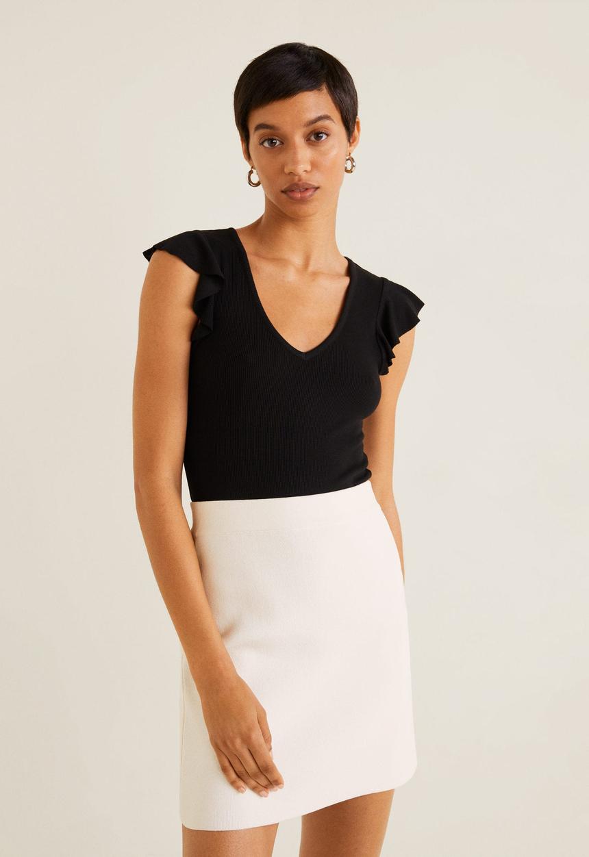 MANGO - Ruffled sleeve round-neck T-shirt - black