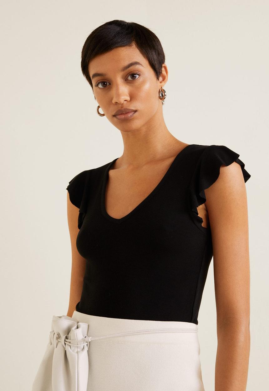 MANGO - Ruffled sleeve round-neck T-shirt - black