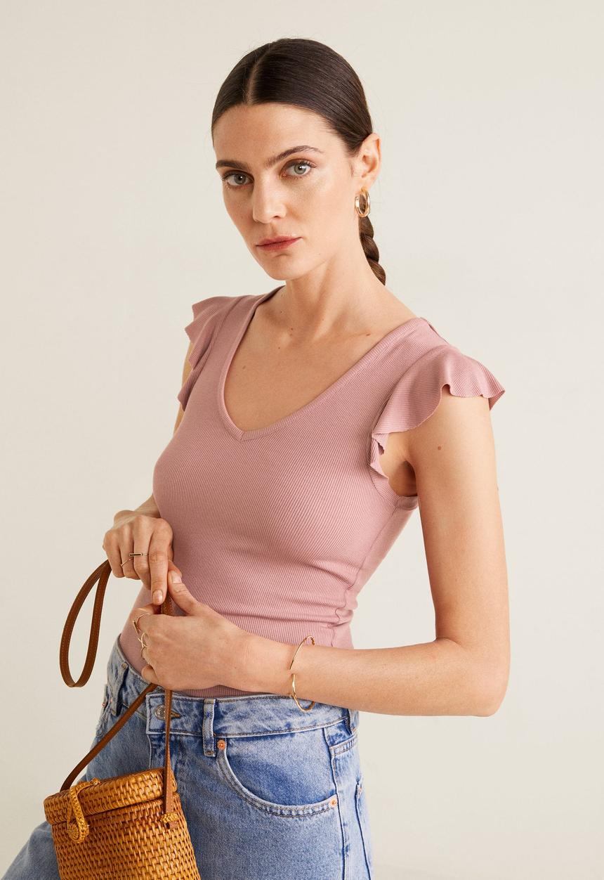 MANGO - Ruffled sleeve round-neck T-shirt - pink