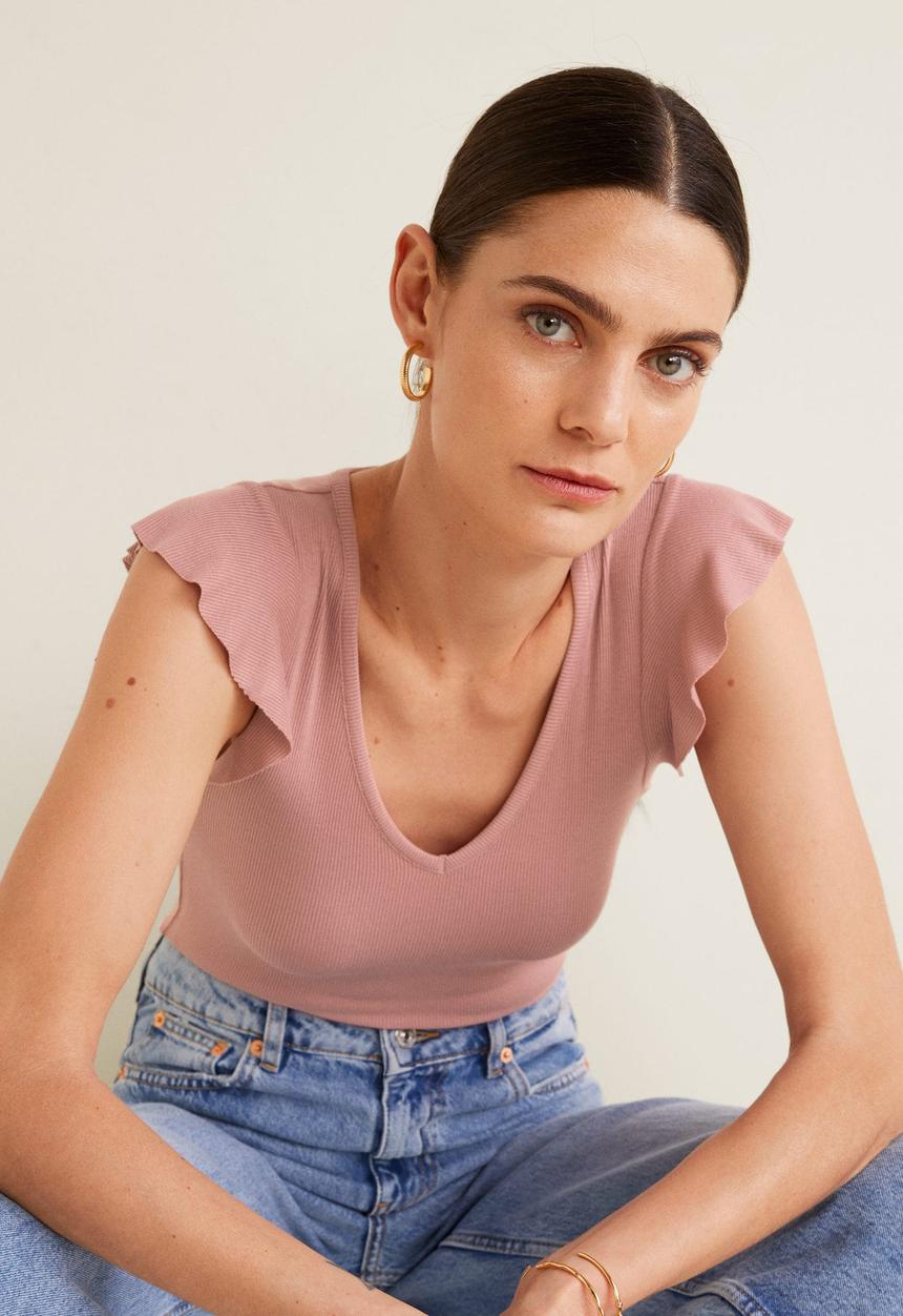 MANGO - Ruffled sleeve round-neck T-shirt - pink