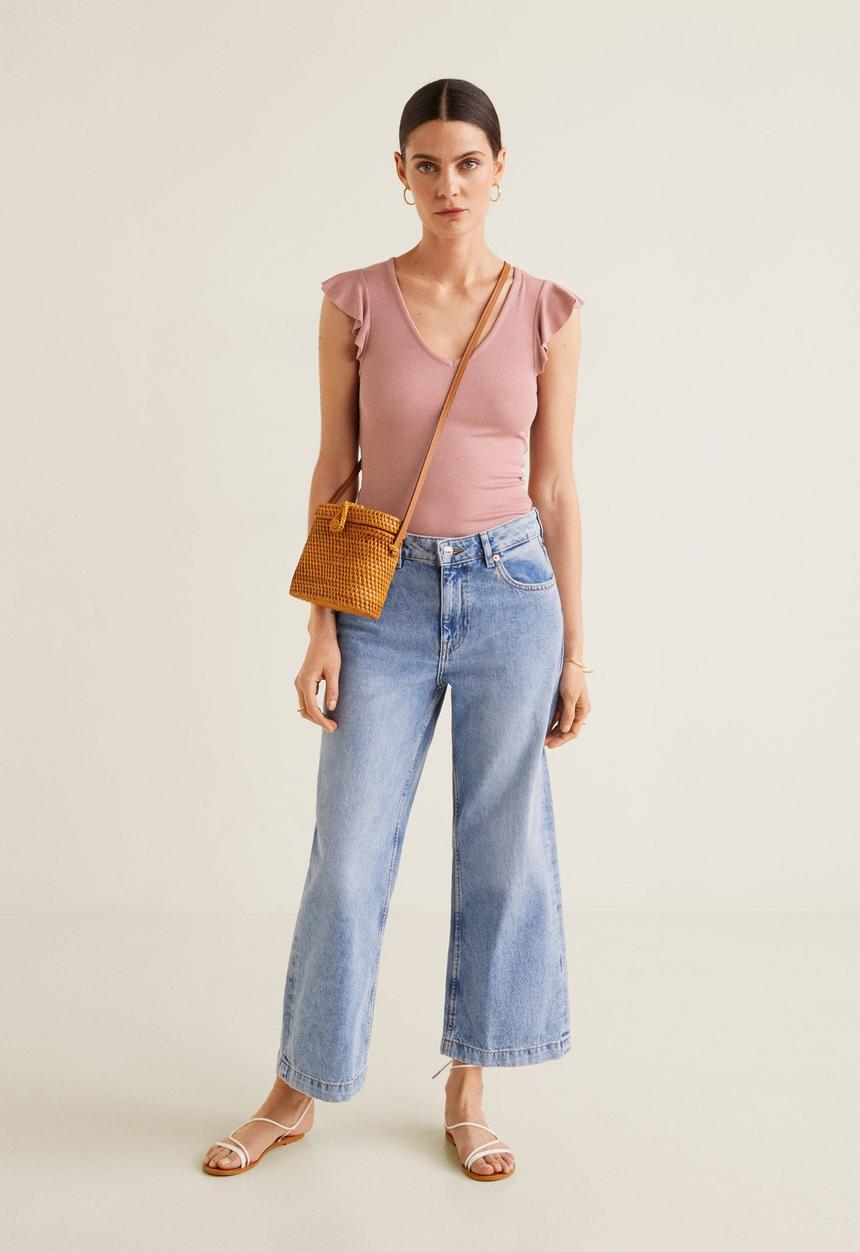 MANGO - Ruffled sleeve round-neck T-shirt - pink