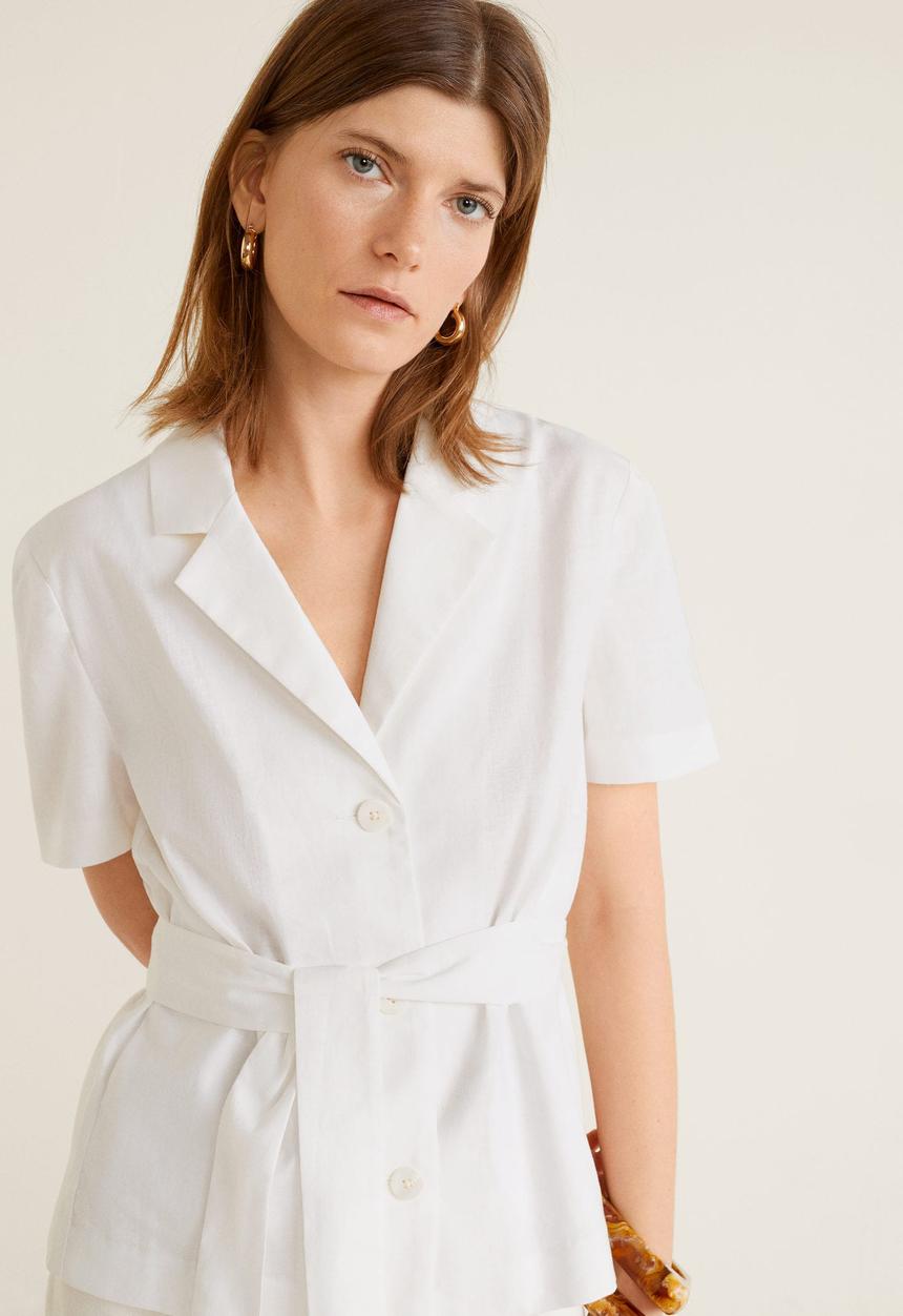 MANGO - Lightweight cotton blouse with tie waist - white