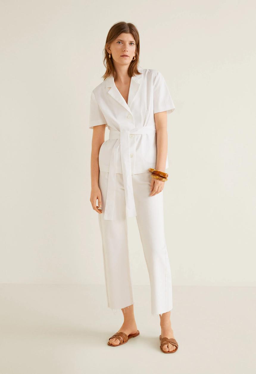 MANGO - Lightweight cotton blouse with tie waist - white
