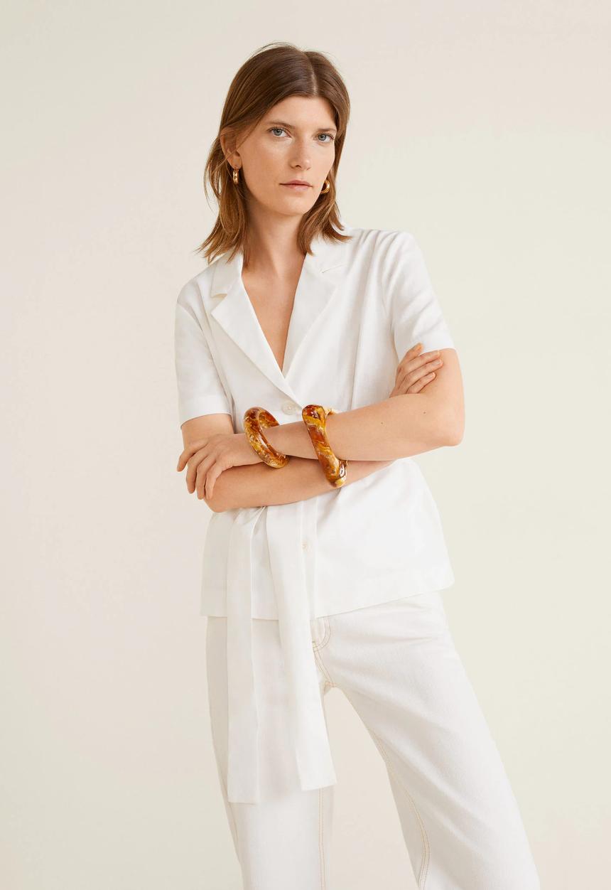 MANGO - Lightweight cotton blouse with tie waist - white