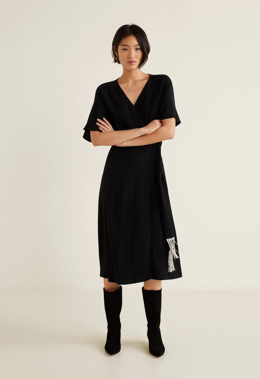MANGO - Kimono dress with fringed belt - black