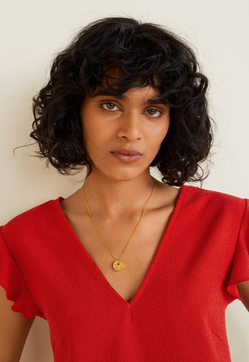 MANGO - Ruffle sleeve v-neck T-shirt - red