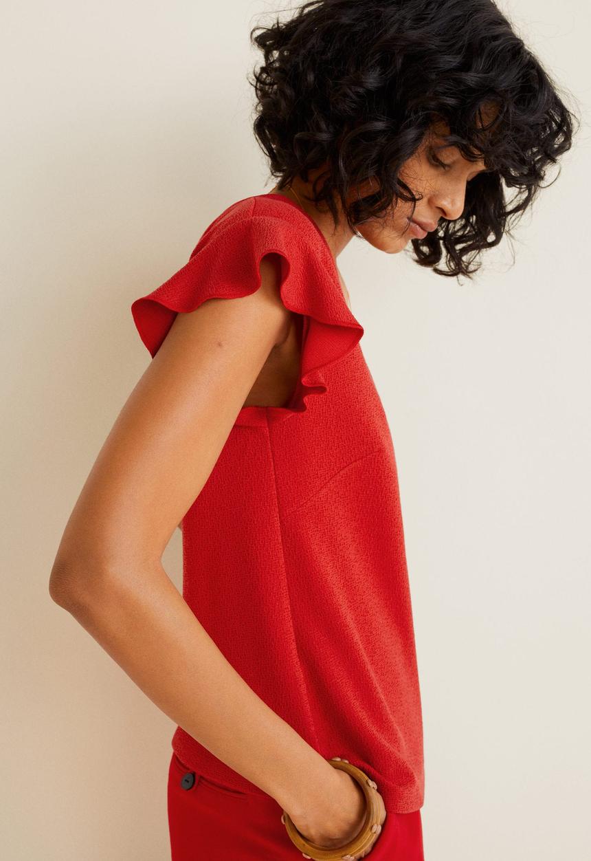 MANGO - Ruffle sleeve v-neck T-shirt - red