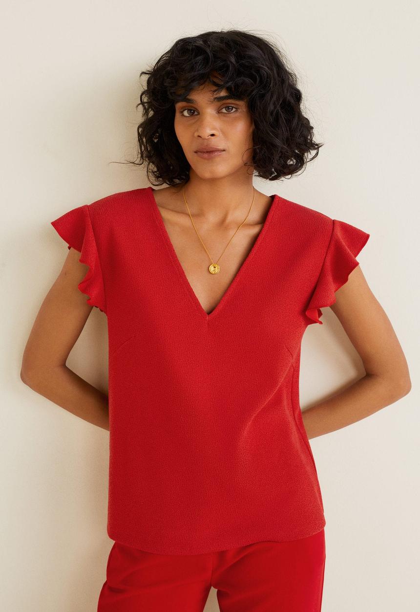 MANGO - Ruffle sleeve v-neck T-shirt - red