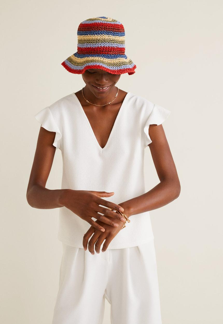 MANGO - Ruffle sleeve v-neck T-shirt - white