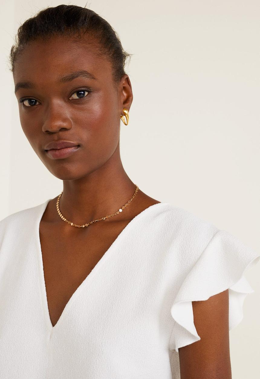 MANGO - Ruffle sleeve v-neck T-shirt - white