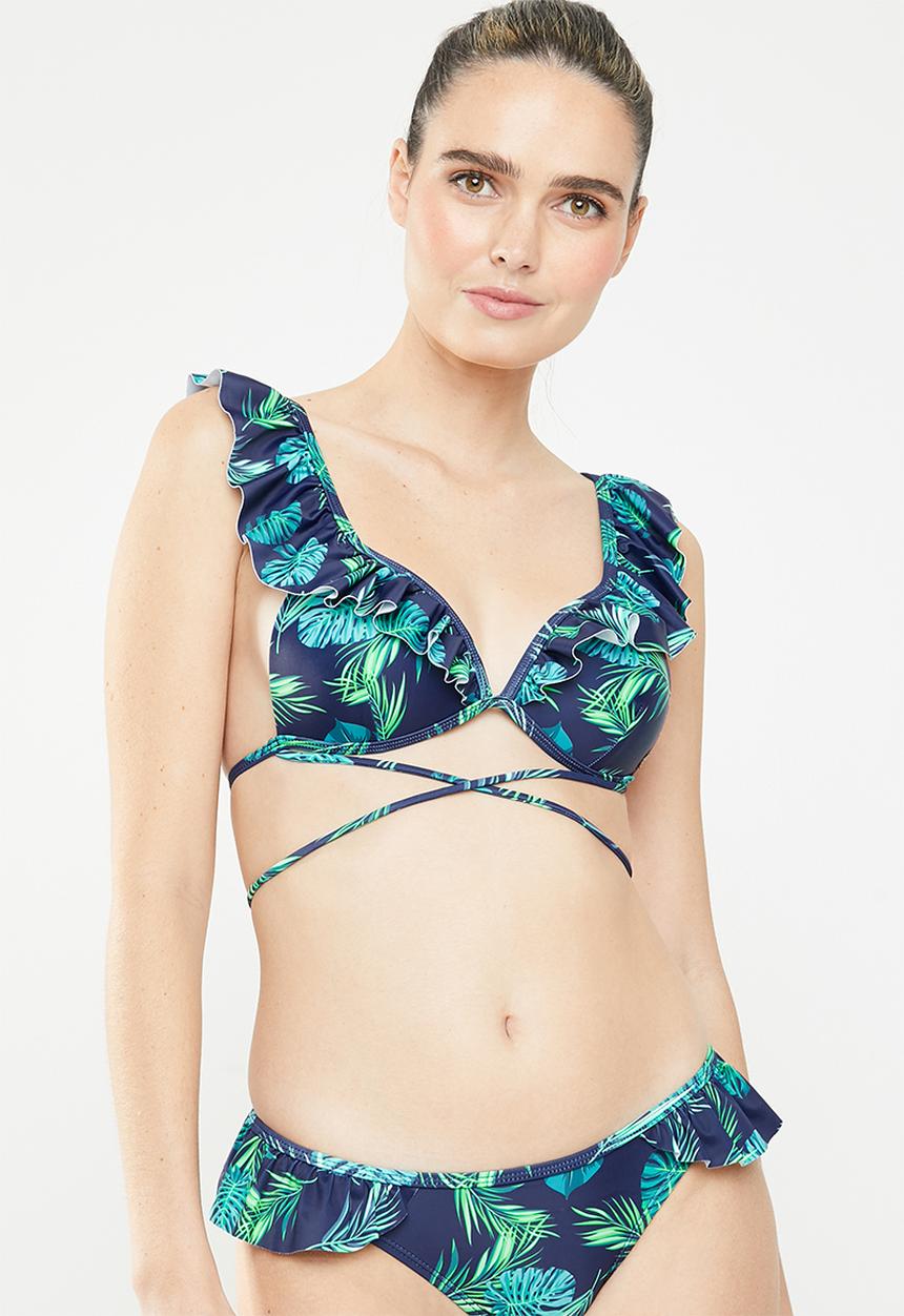 SISSY BOY - Floral printed frill bikini top - blue & green