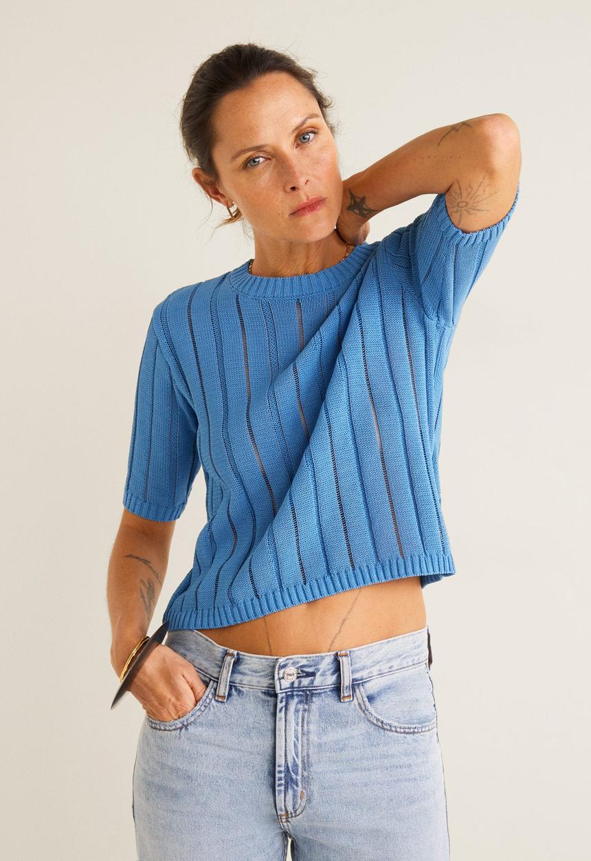 MANGO - Openwork detail knit top - blue
