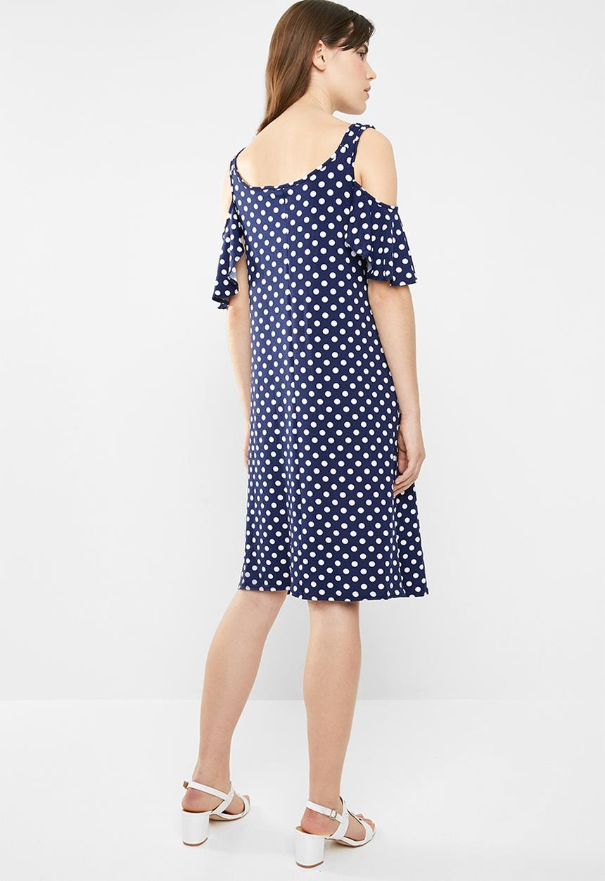 edit - Flutter sleeve cold shoulder dress - navy & white