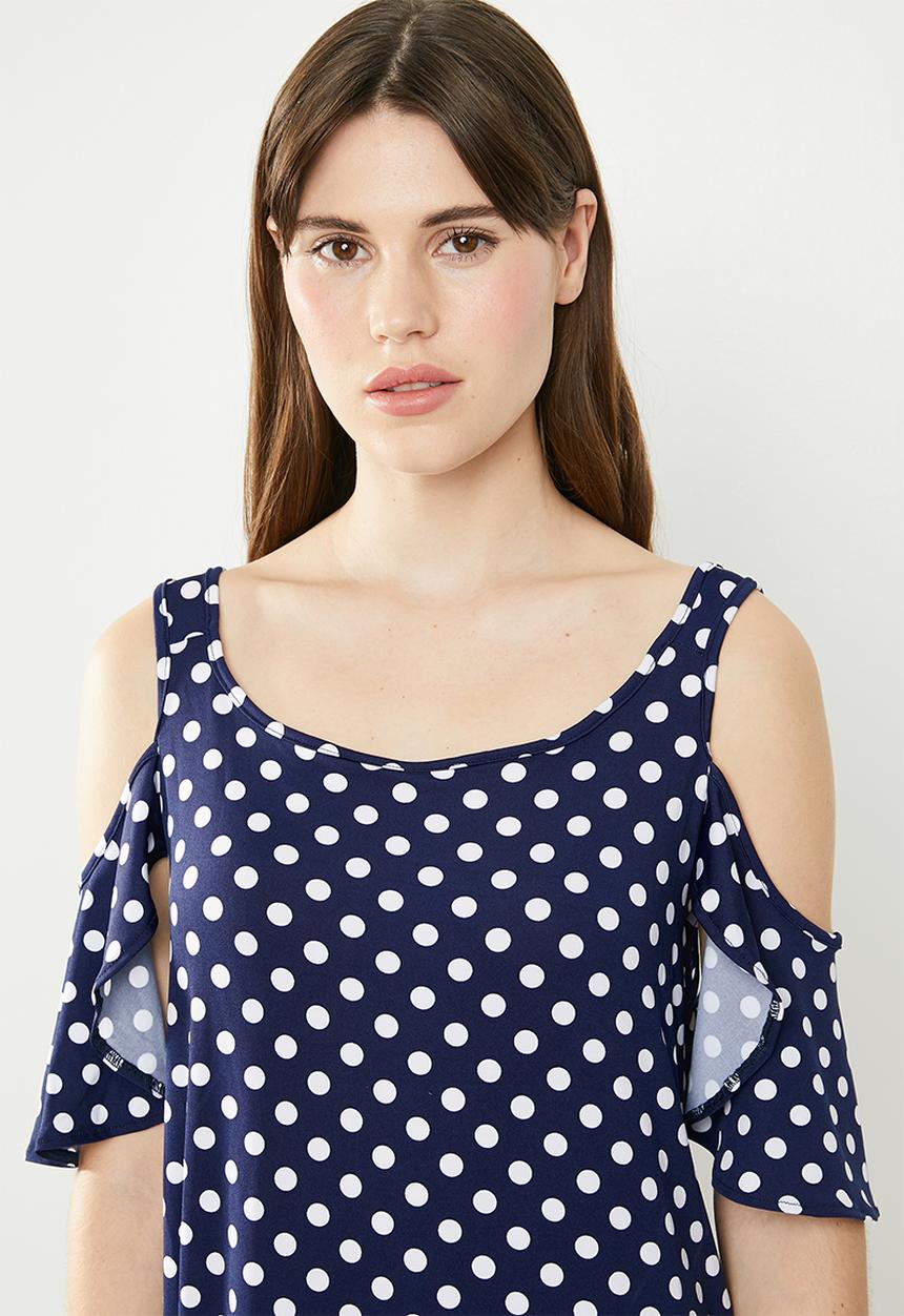 edit - Flutter sleeve cold shoulder dress - navy & white