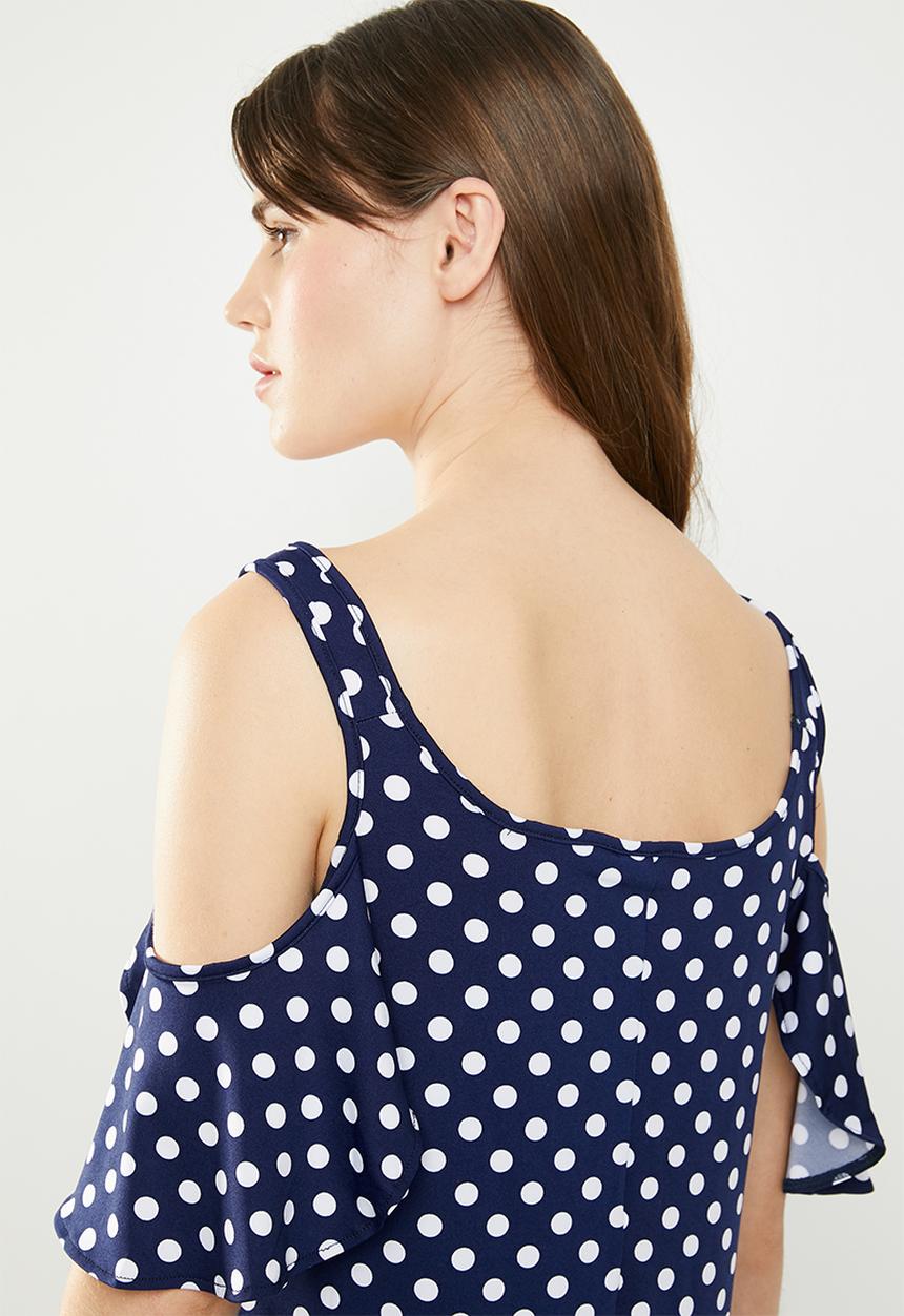 edit - Flutter sleeve cold shoulder dress - navy & white