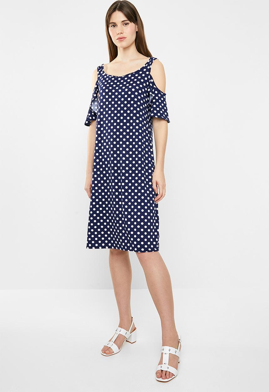 edit - Flutter sleeve cold shoulder dress - navy & white