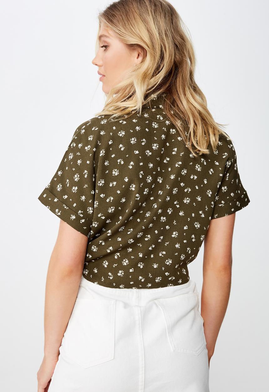 Cotton On - Tilly tie front cropped shirt - green & white