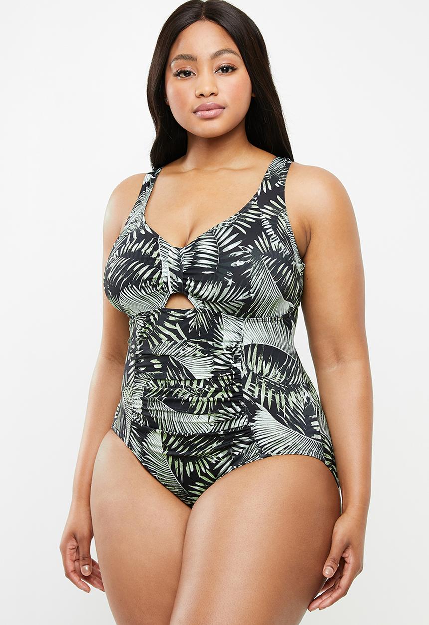 Jacqueline Plus - Key hole detail palm print one piece - black & green 