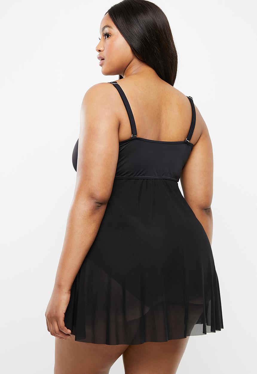 Jacqueline Plus - Mesh overlay swim dress - black