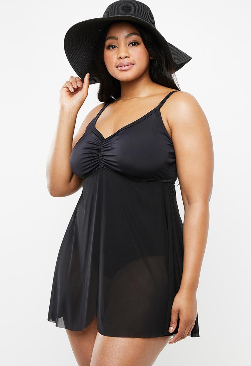 Jacqueline Plus - Mesh overlay swim dress - black