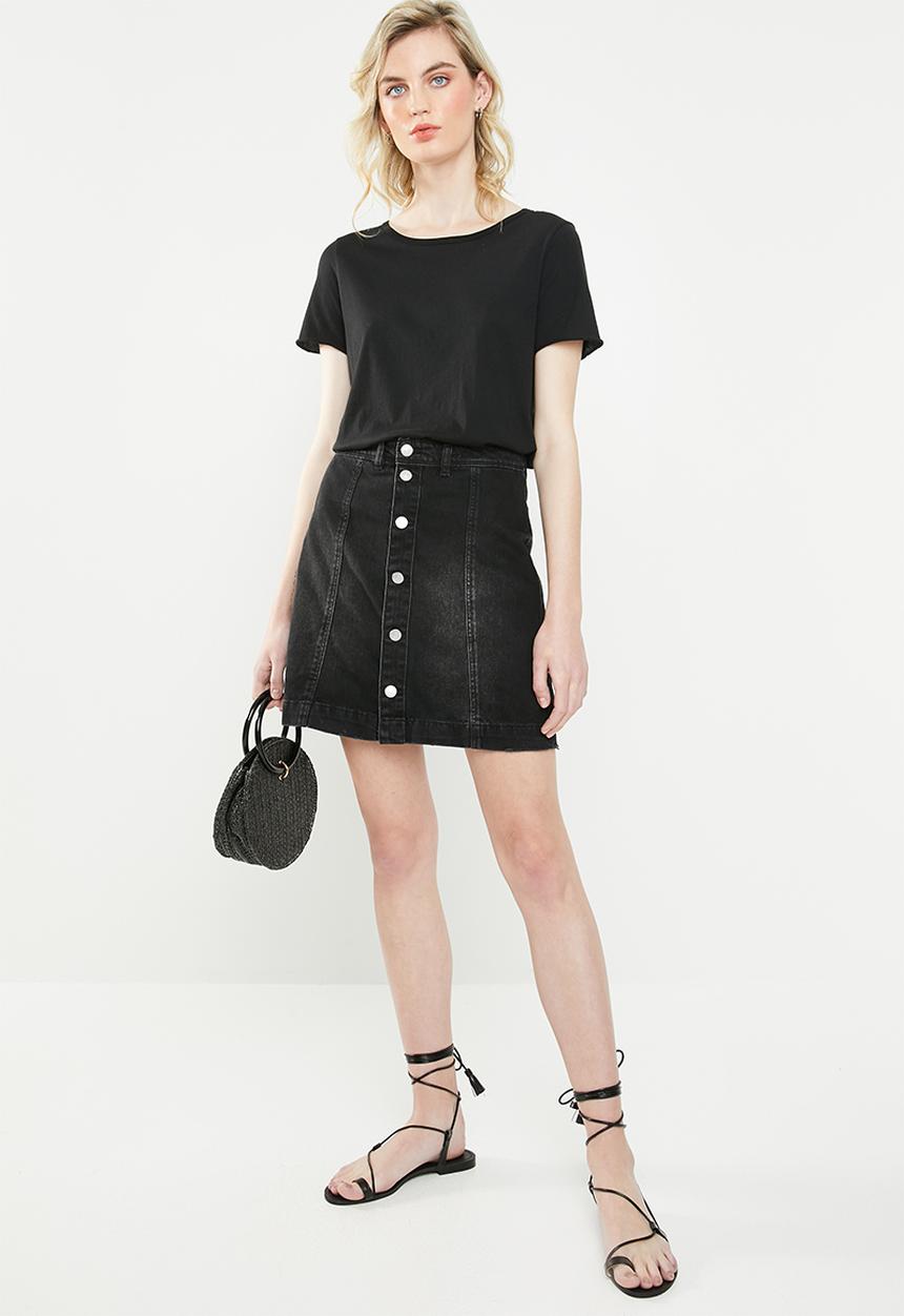 Jacqueline de Yong - Sara button through denim a line skirt - black