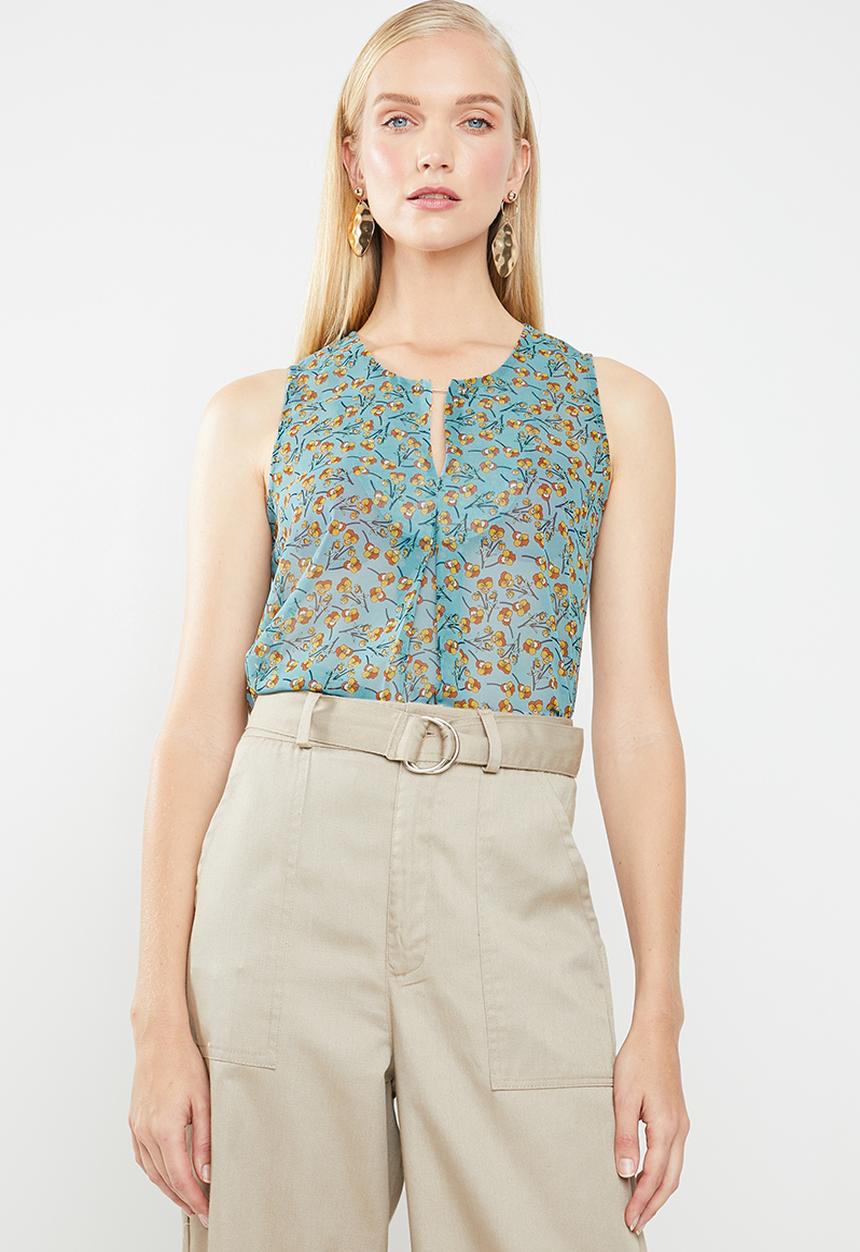 Revenge - Floral sleeveless top with front cutout - blue