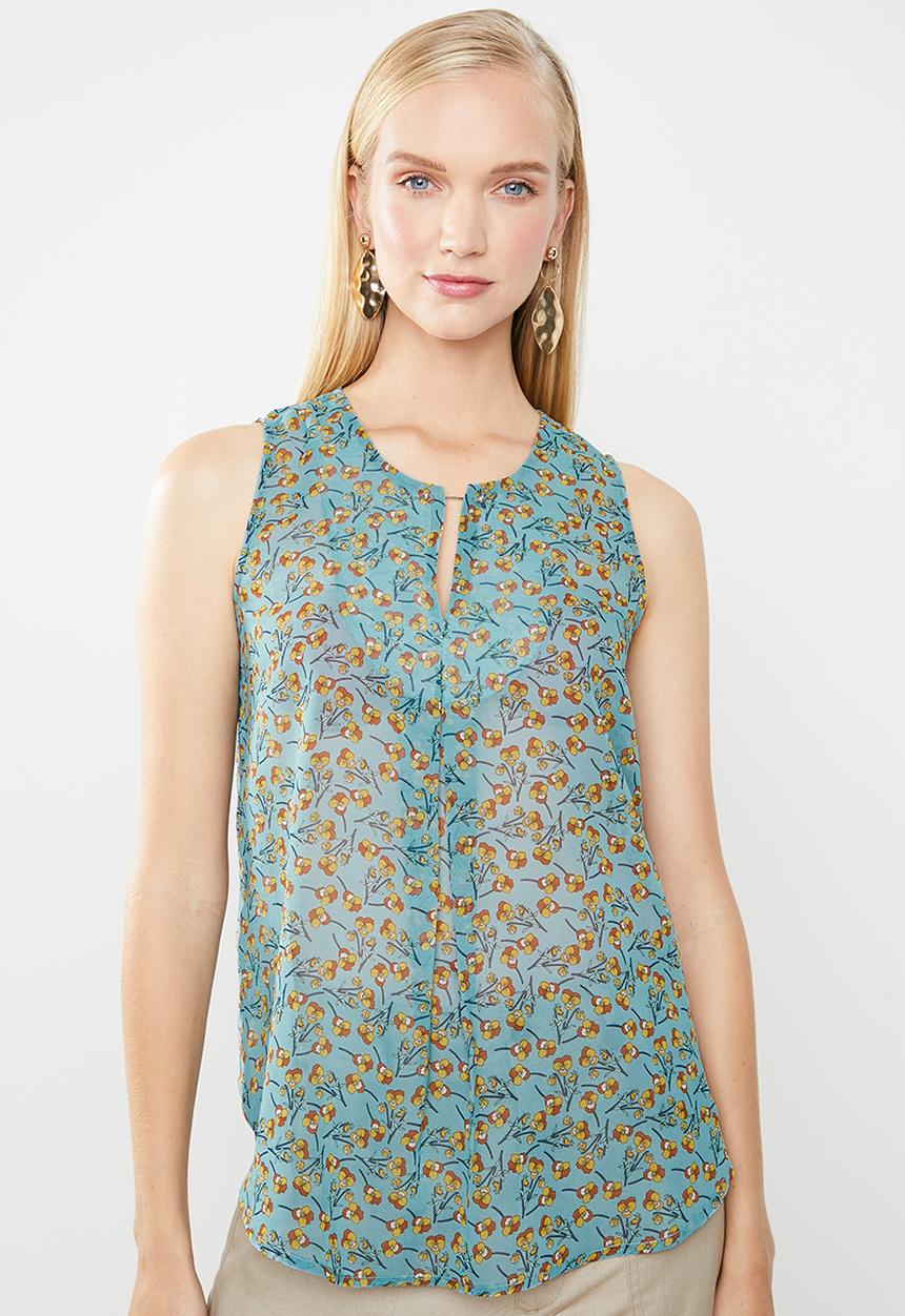 Revenge - Floral sleeveless top with front cutout - blue