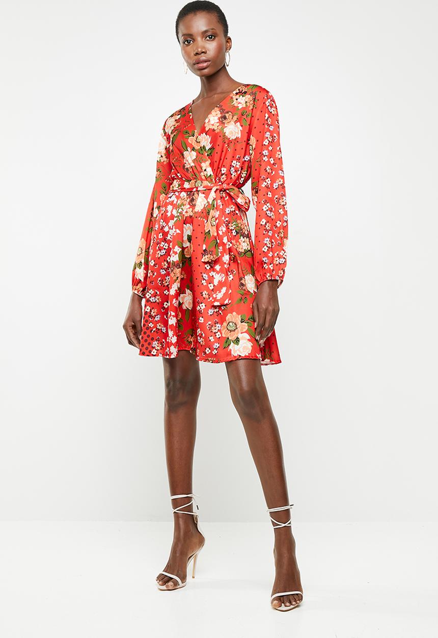 Revenge - Long sleeve contrast wrap dress - red