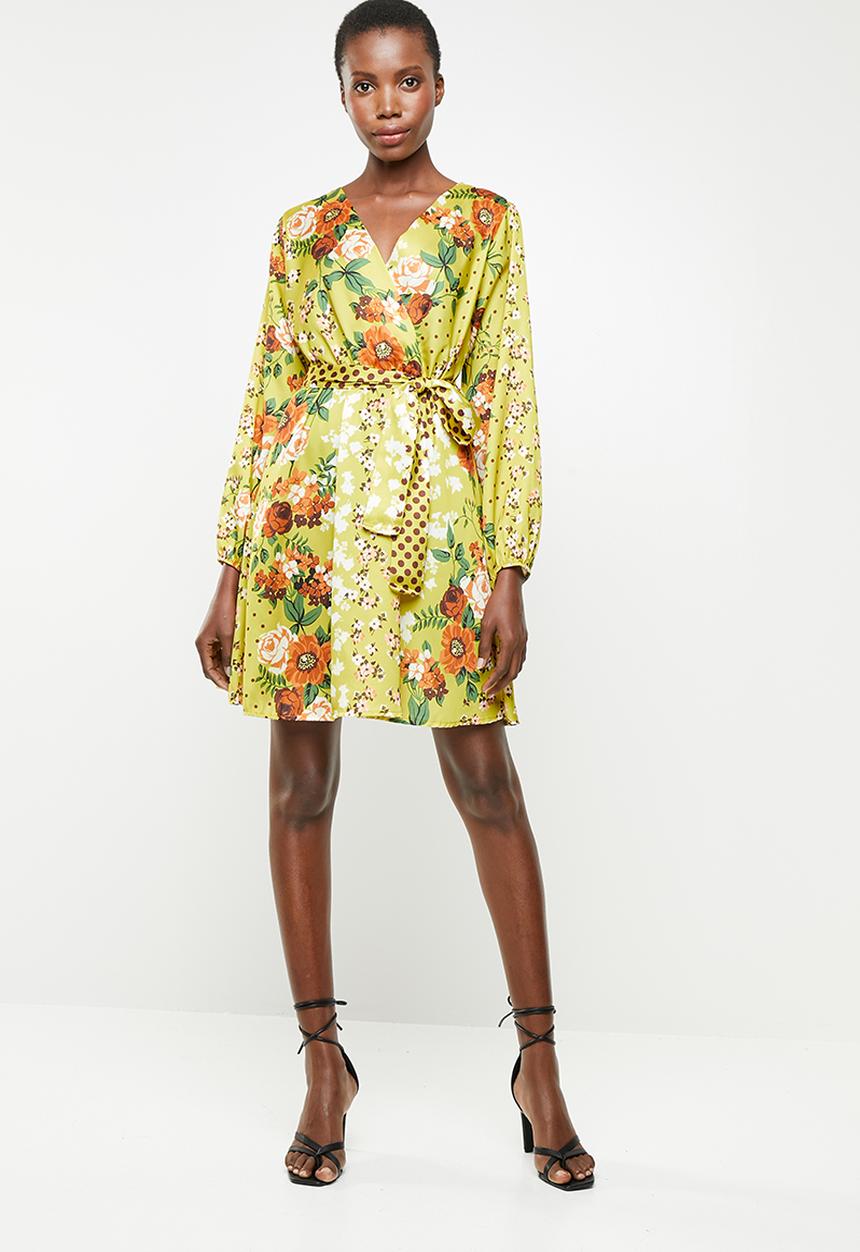 Revenge - Long sleeve contrast wrap dress - yellow