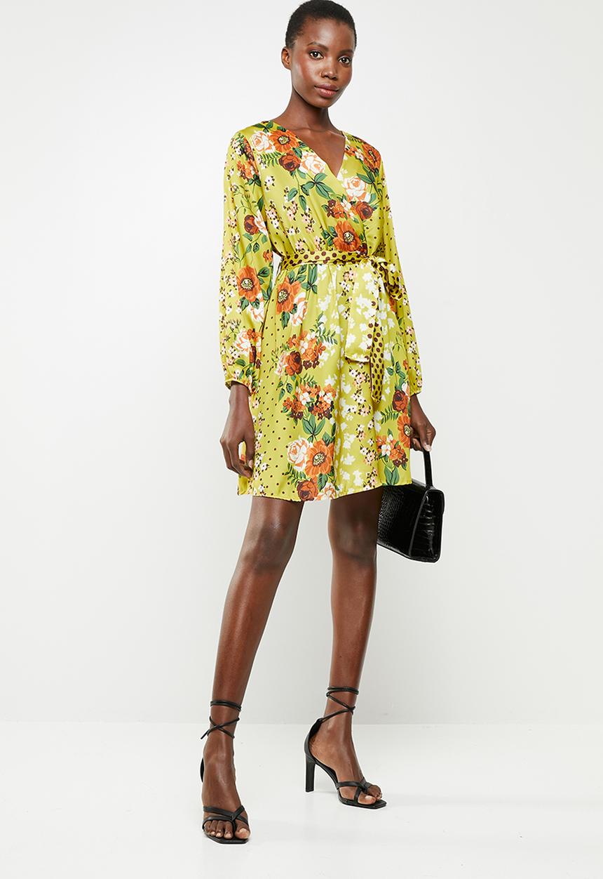 Revenge - Long sleeve contrast wrap dress - yellow