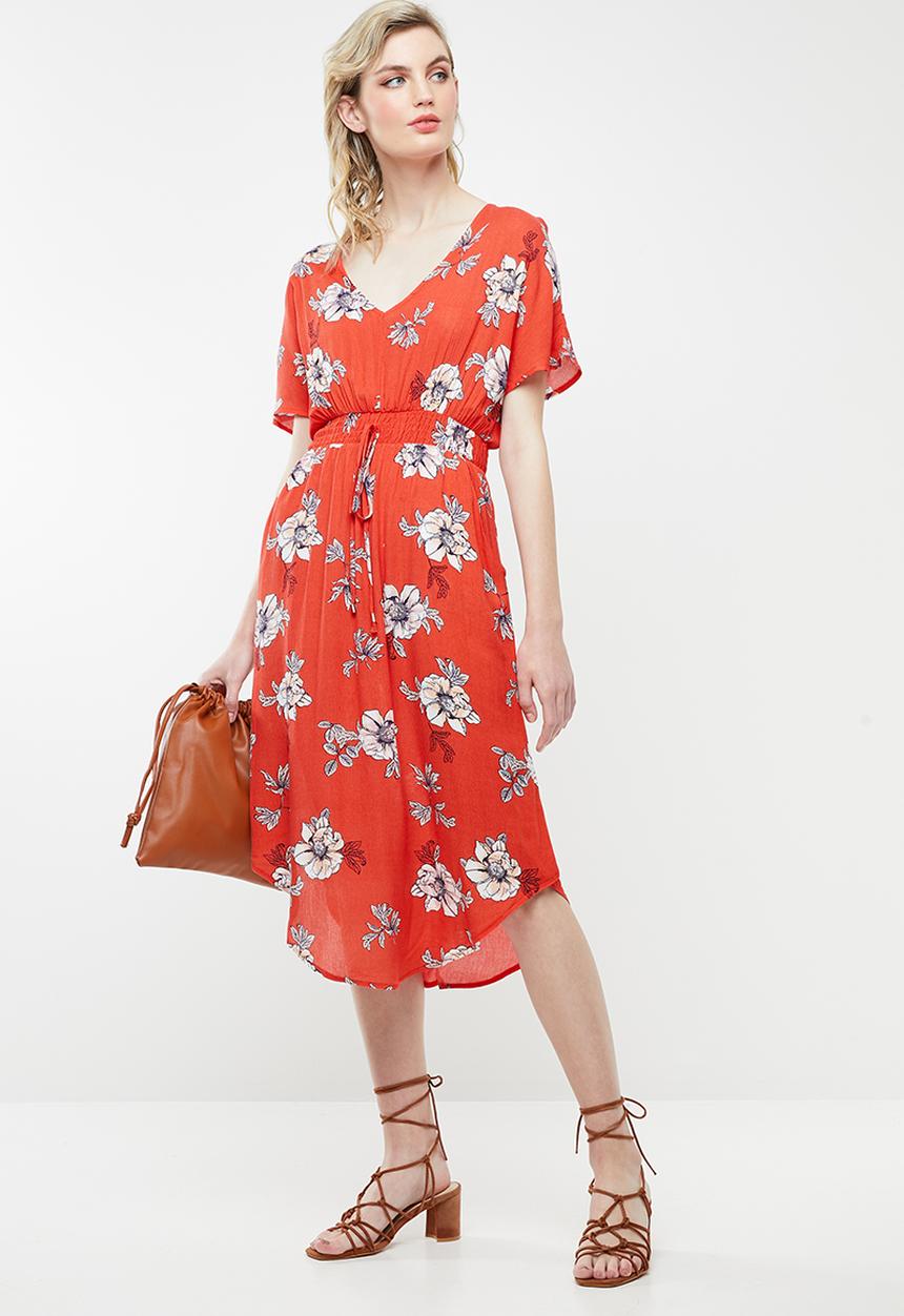Revenge - V-neck tie waist floral dress - red