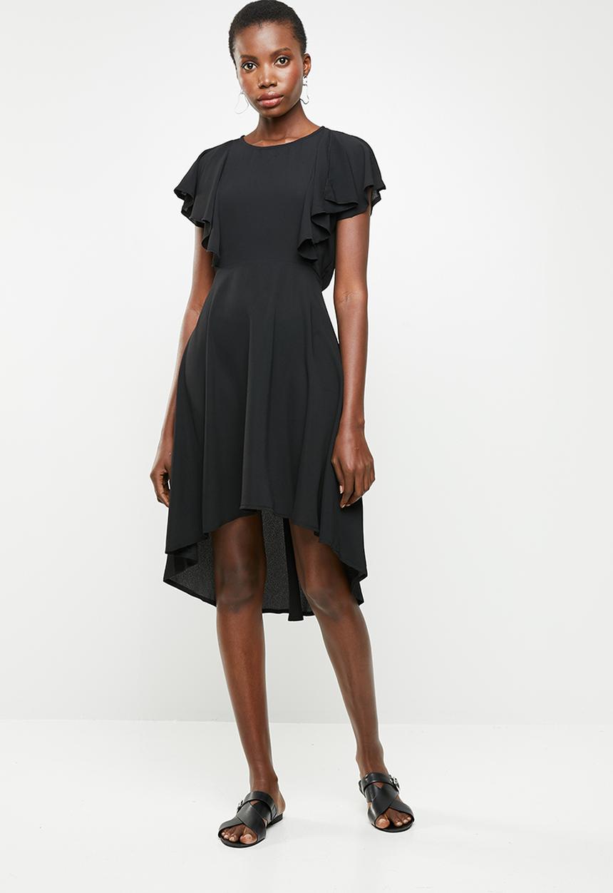 Revenge - Flutter sleeve hi low dress - black