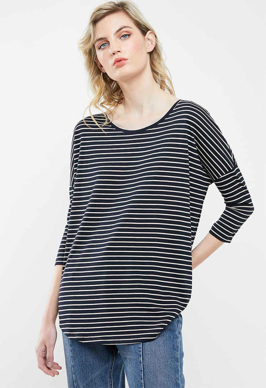 Jacqueline de Yong - Cathy 3/4 oversized top - navy & neutral
