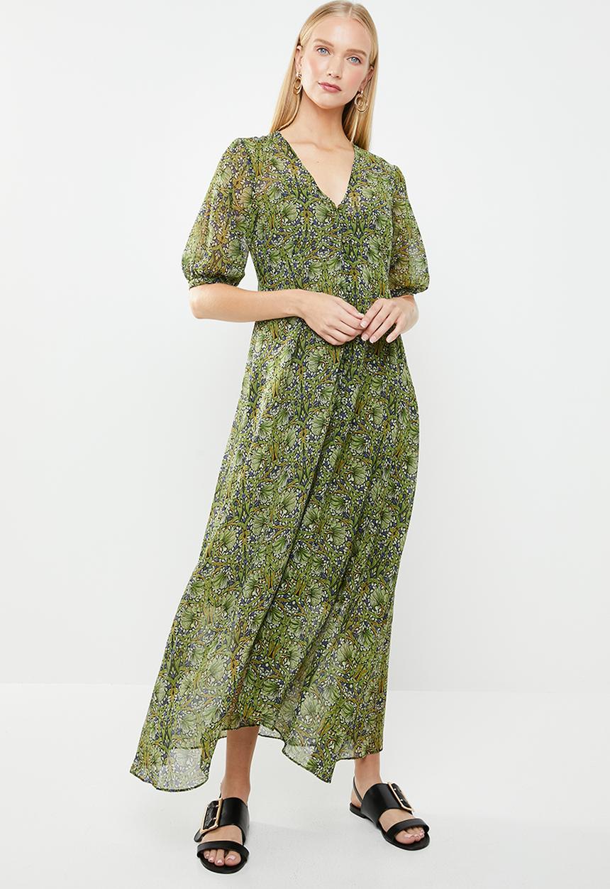 MANGO - Flared floral print dress - green & blue 