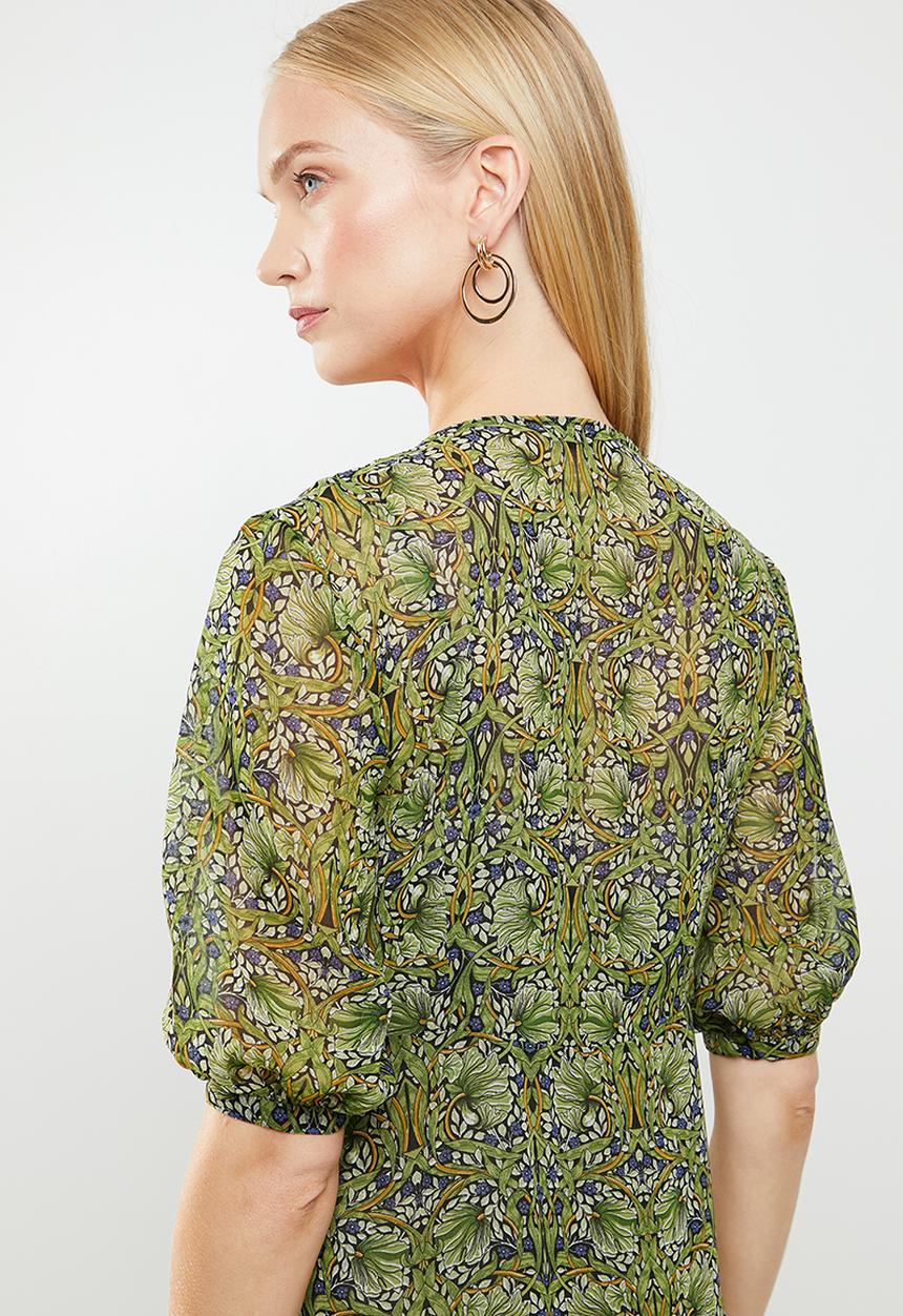 MANGO - Flared floral print dress - green & blue 