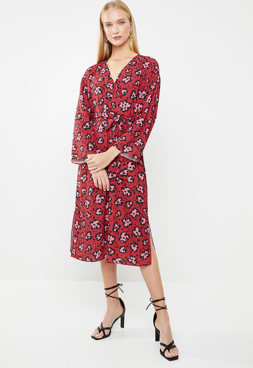 MANGO - Printed crepe dress - red & pink 