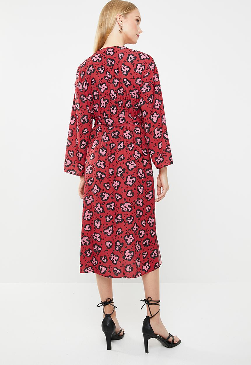 MANGO - Printed crepe dress - red & pink 