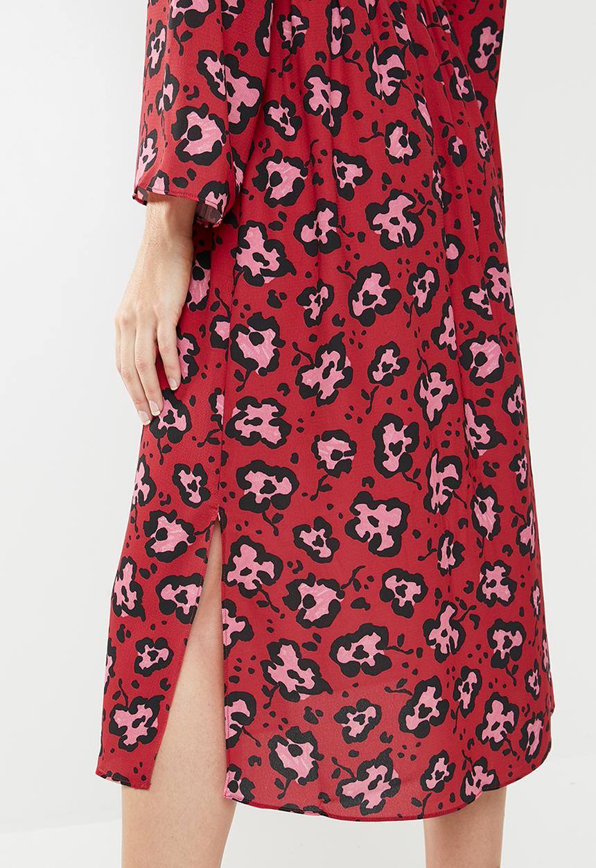 MANGO - Printed crepe dress - red & pink 