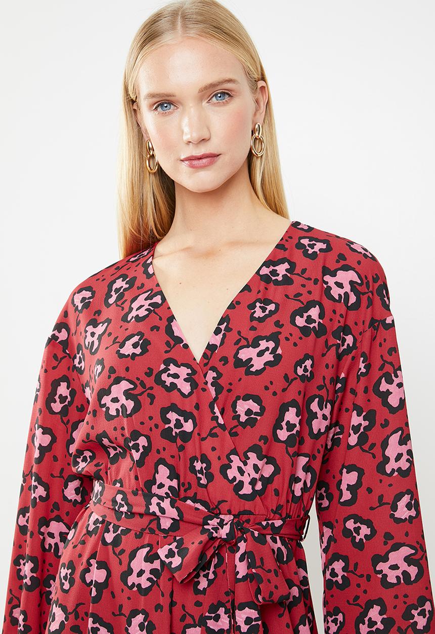 MANGO - Printed crepe dress - red & pink 