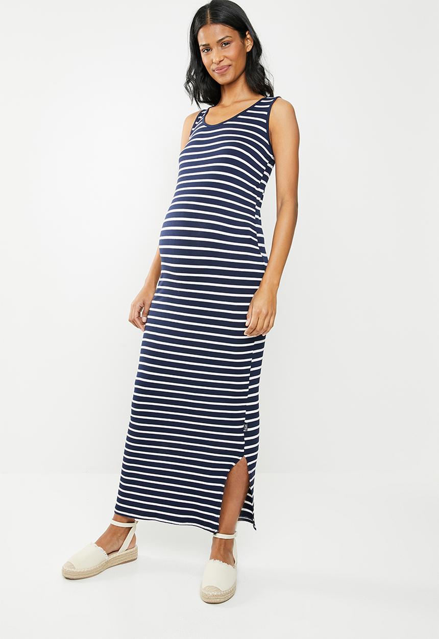 Cherry Melon - Maternity Maxi tank dress with side slit - navy & white