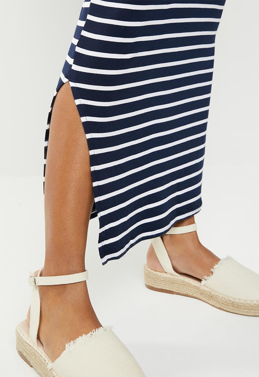 Cherry Melon - Maternity Maxi tank dress with side slit - navy & white