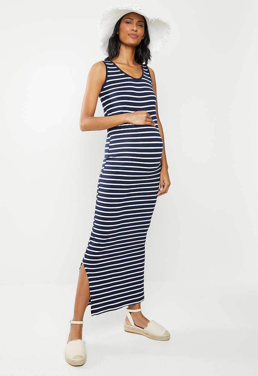 Cherry Melon - Maternity Maxi tank dress with side slit - navy & white