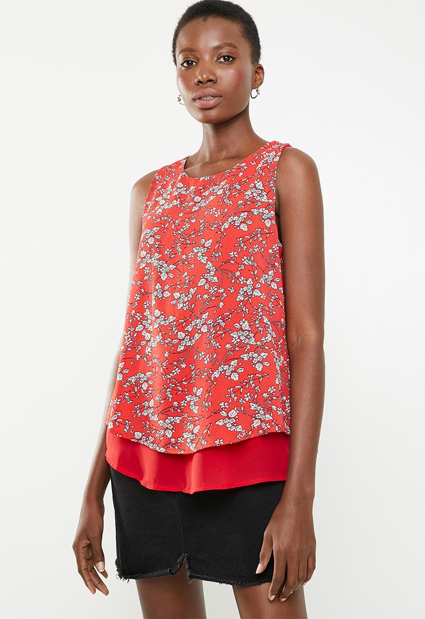 Revenge - Floral sleeveless overlay top - red & white 