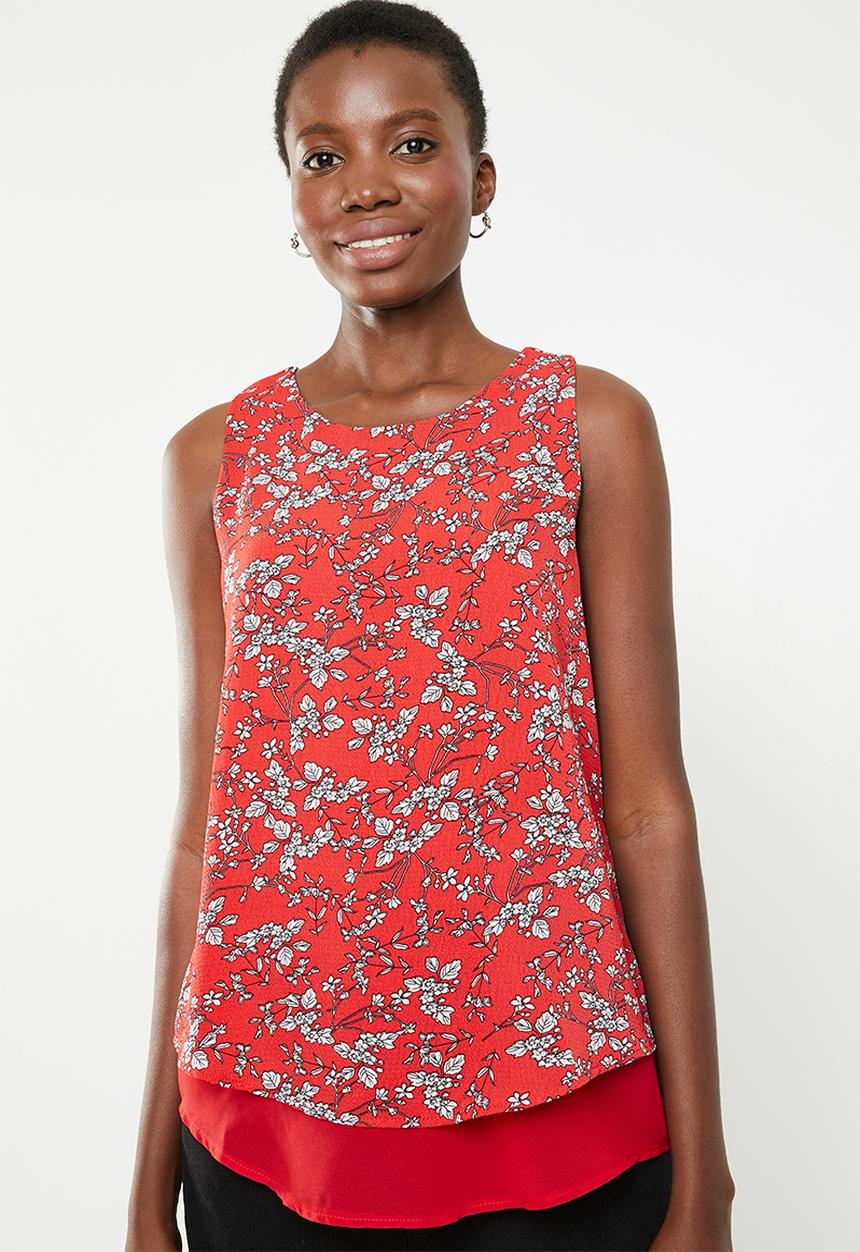 Revenge - Floral sleeveless overlay top - red & white 