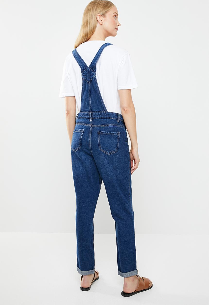 New Look - Relaxed rip knee dungaree - blue
