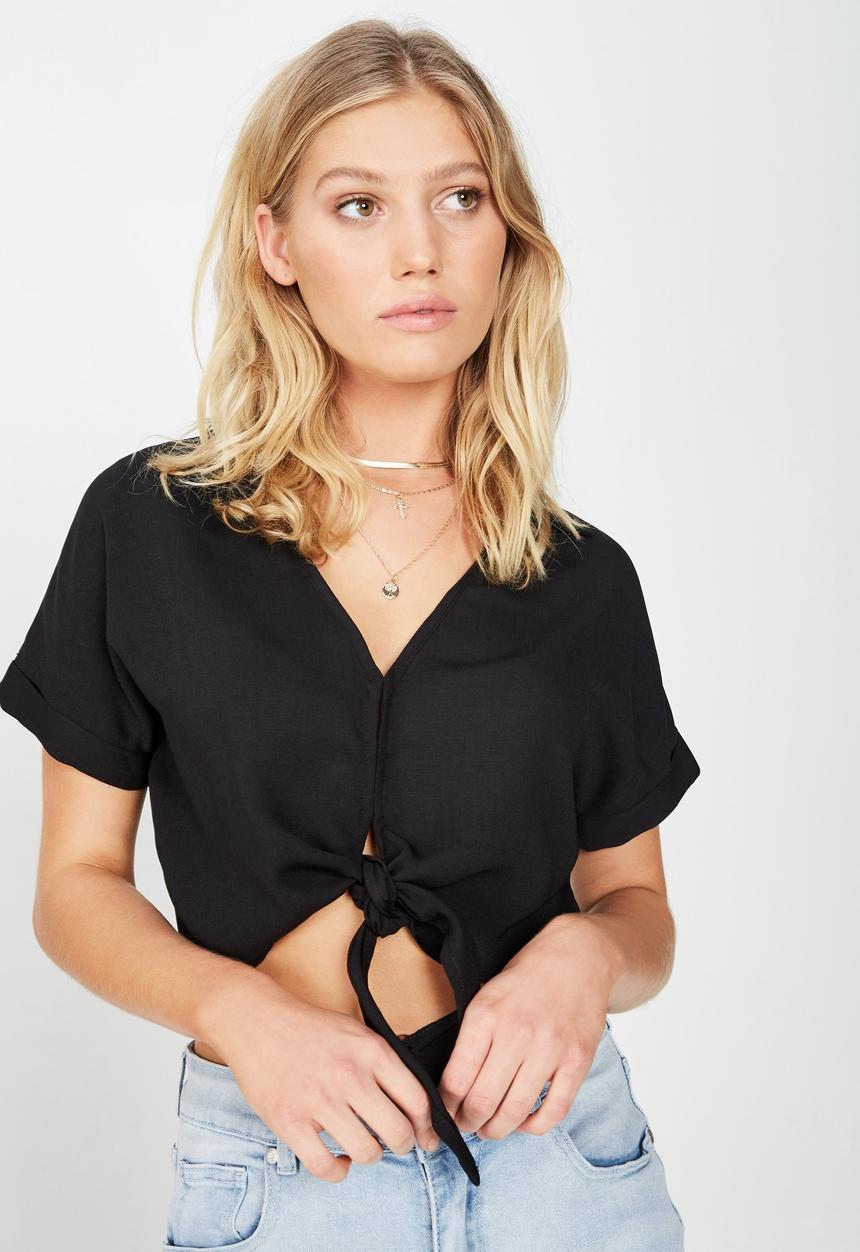 Cotton On - Tilly tie front cropped shirt - black