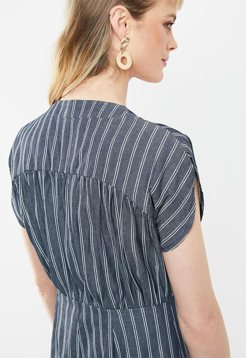 c(inch) - Front button mini dress stripe - navy & white 
