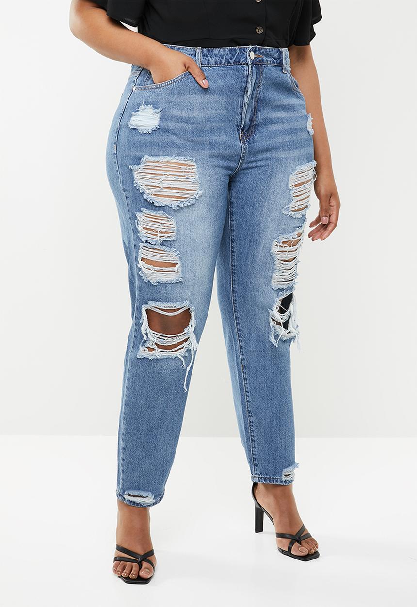 Missguided - Curve riot distressed jeans stonewash - blue