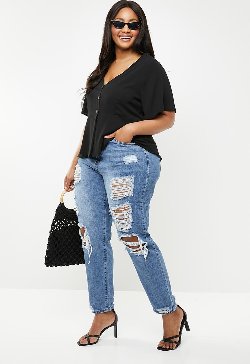 Missguided - Curve riot distressed jeans stonewash - blue